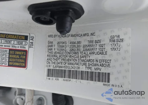 2016 Honda Cr-V Ex z USA, uszkodzony, nr VIN 5J6RM4H53GL043138